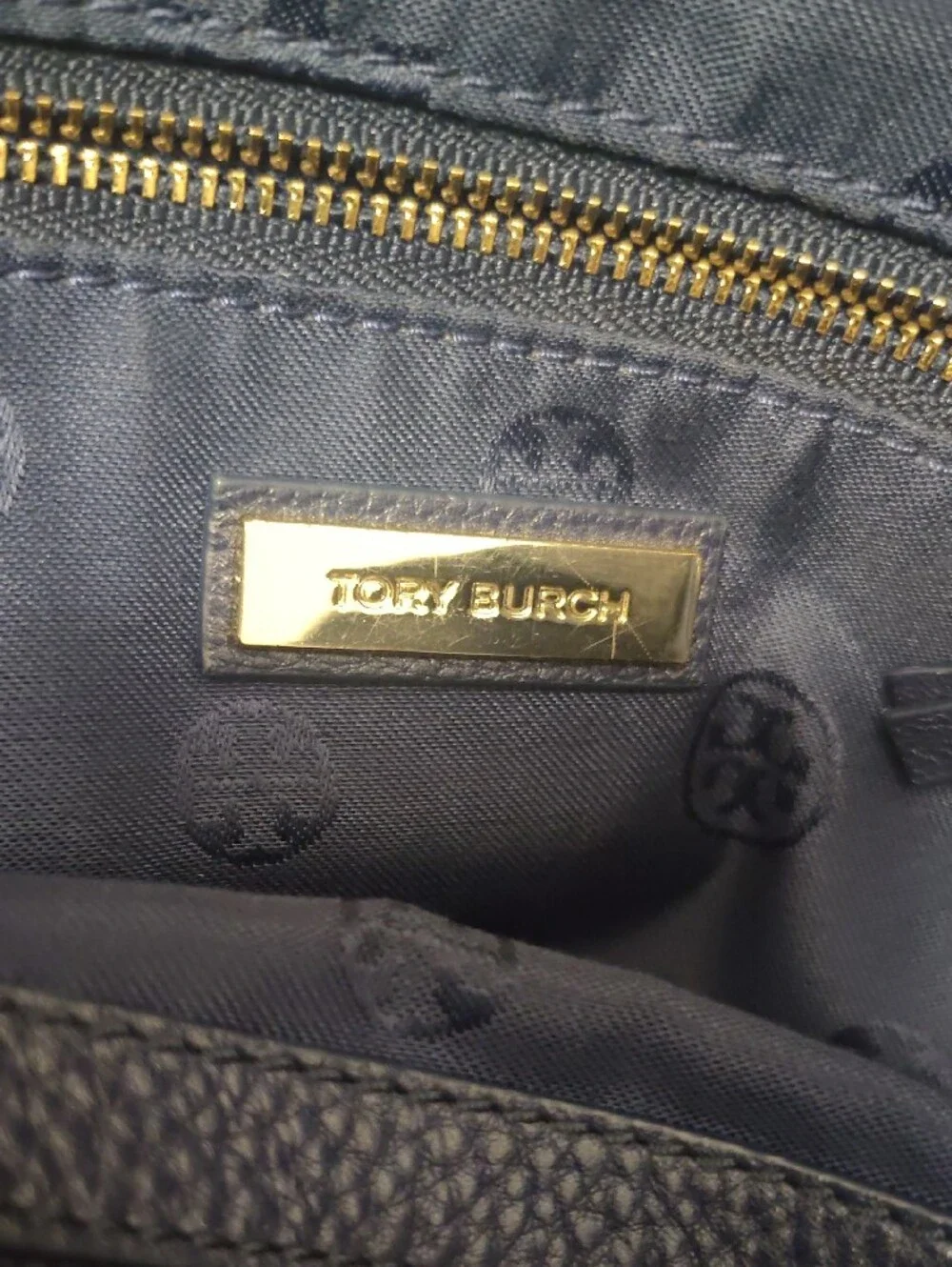 Tory Burch Britten Slouch Navy Pebbled Leather Double-Handle Tote with Gold Logo